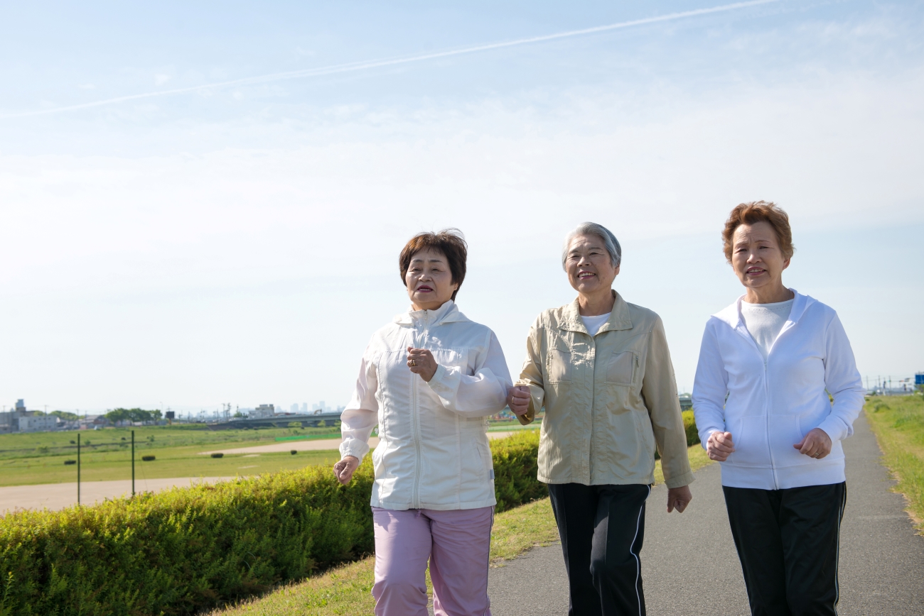友人と一緒に散歩する高齢者3人組の写真